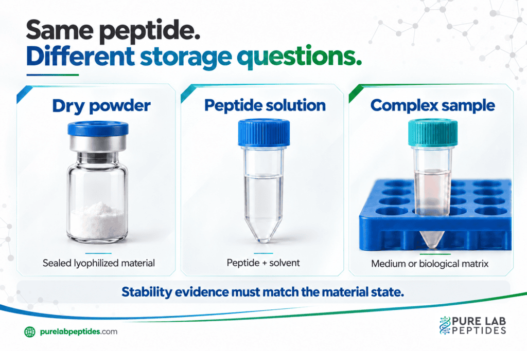 Dry powder, peptide solution and complex samples require evidence matched to their material state.